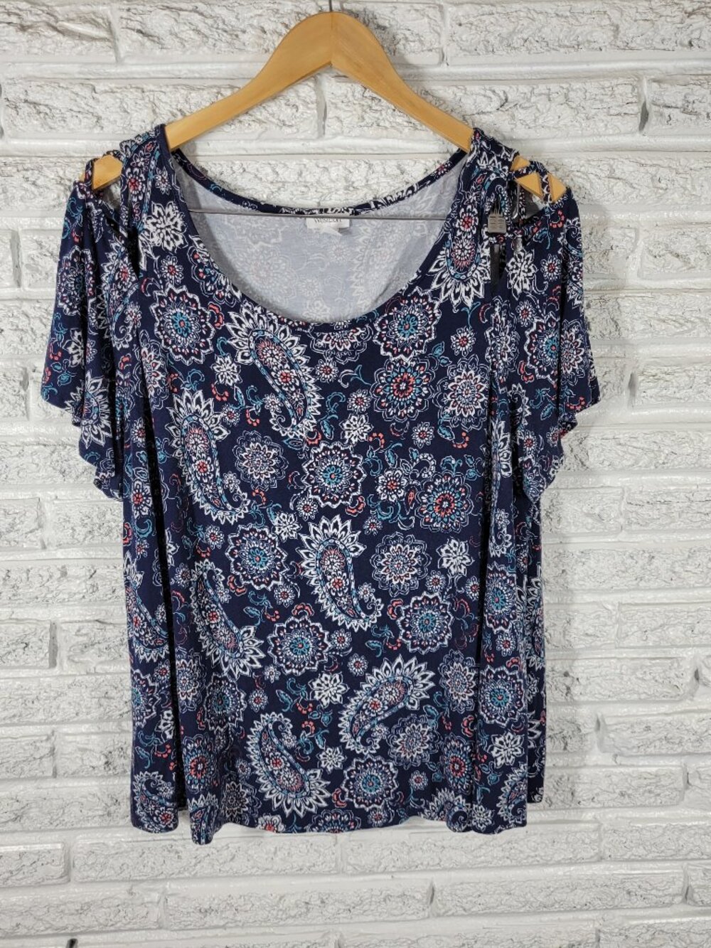 Westport Tee XL Blue Paisley Cold Shoulder Short Sleeve Top Stretch PAI18E